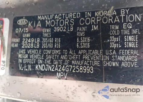 2016 Kia Soul z USA, uszkodzony, nr VIN KNDJN2A24G7258993